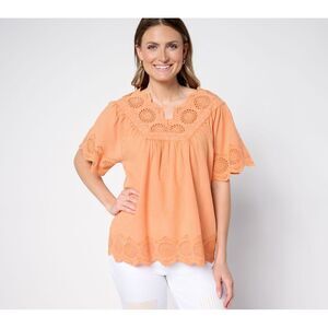 LOGO by Lori Goldstein Peach Eyelet Flutter Sleeve Peasant Blouse